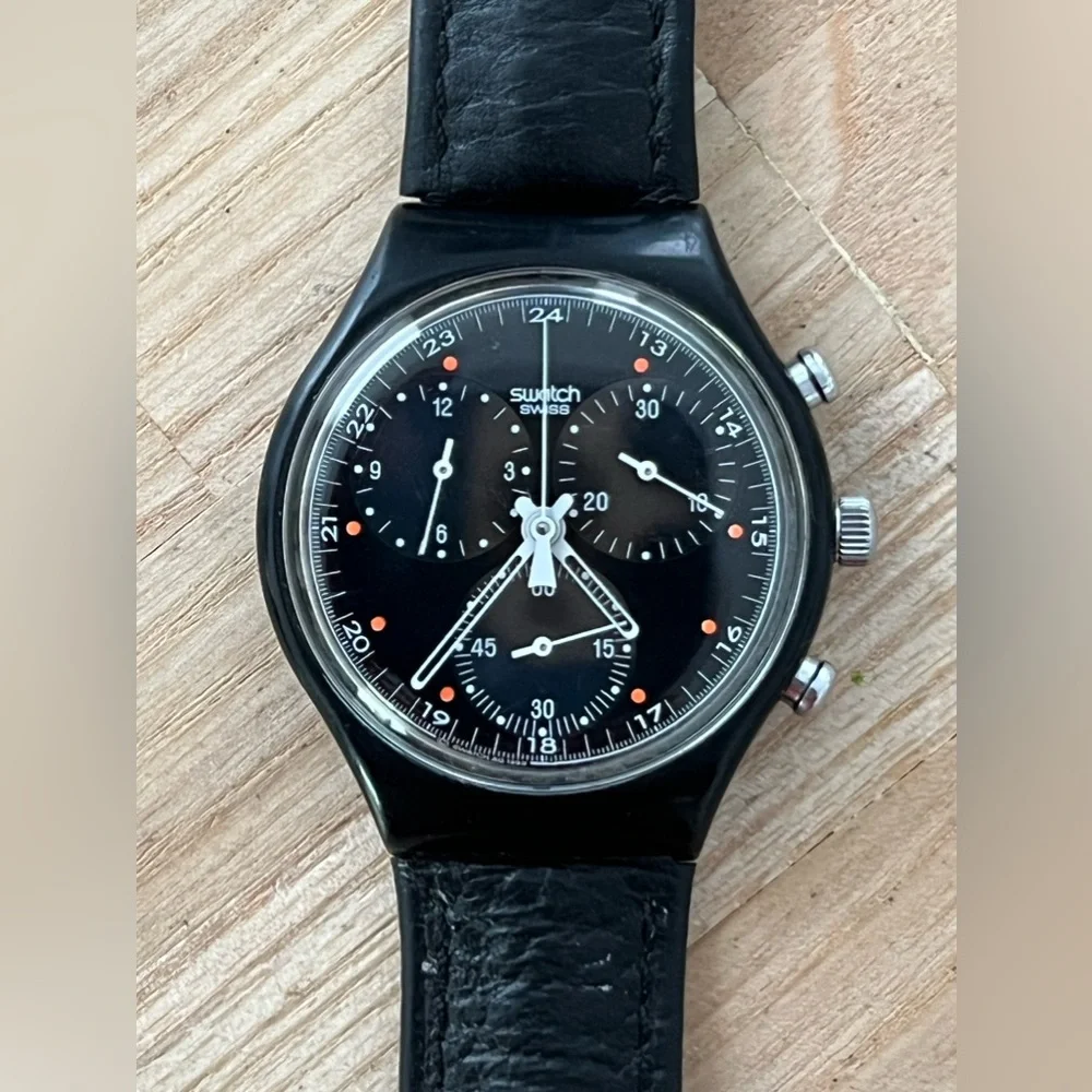 Swatch Chronograph 1991 Wall Street Super Rare Vintage Watch Black Dial Leather